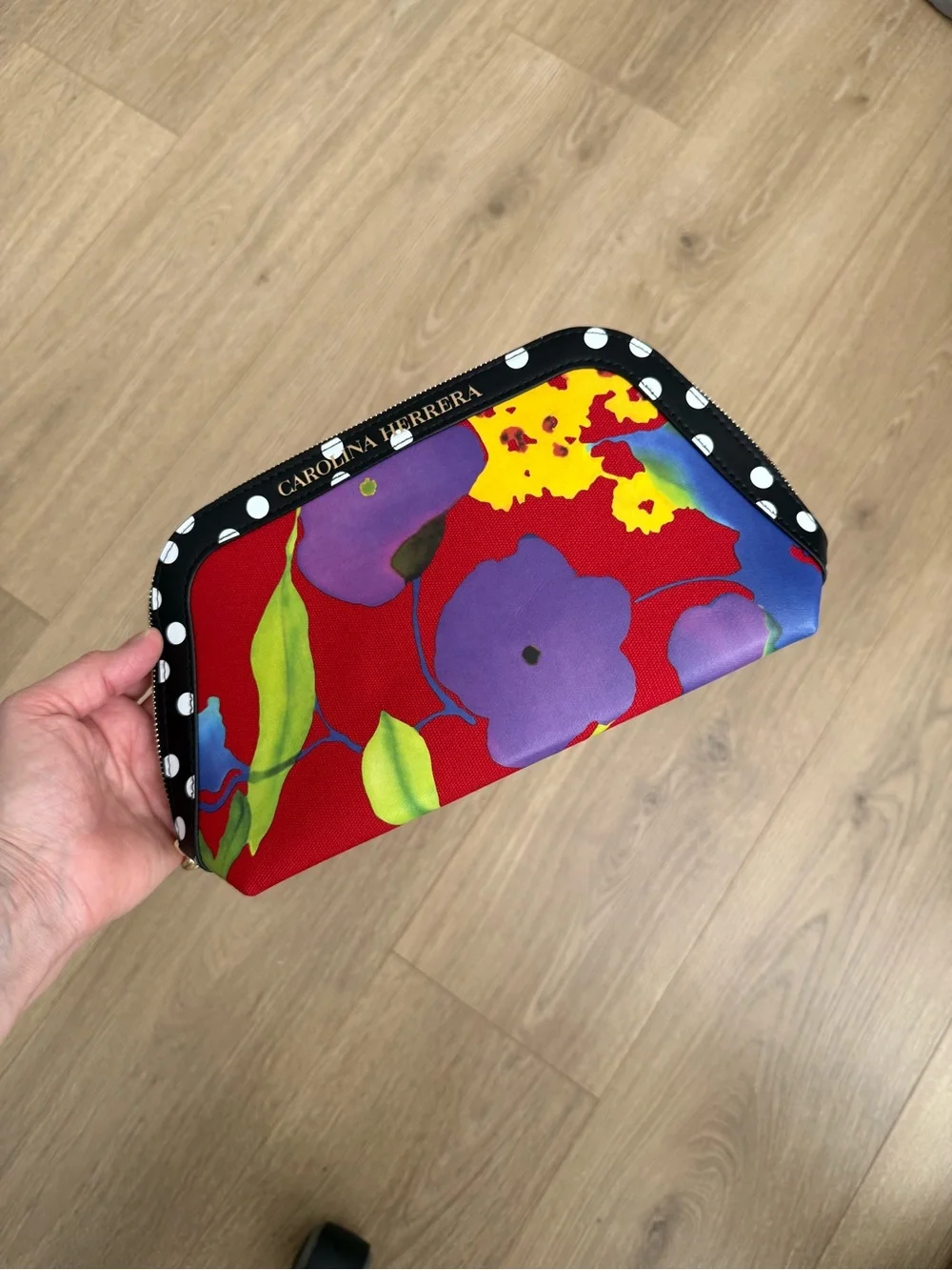 Carolina Herrera Red Floral Cosmetic Pouch with Polka-Dot Trim